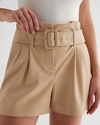 Super High Waisted Faux Leather Belted Paperbag Shorts