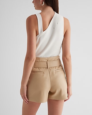 Super High Waisted Faux Leather Belted Paperbag Shorts