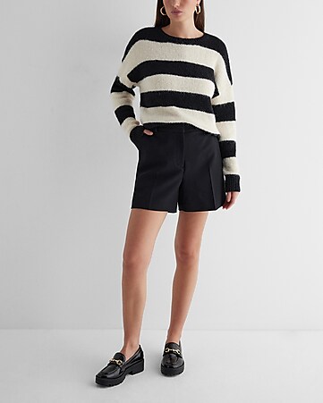 Frankfort-Black. Black high-waisted linen shorts with bow tie
