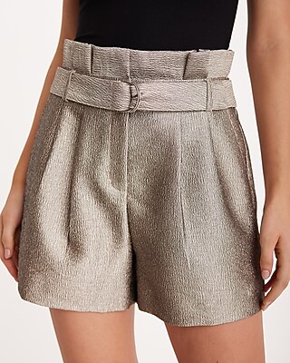 Super High Waisted Metallic Belted Paperbag Shorts | Express