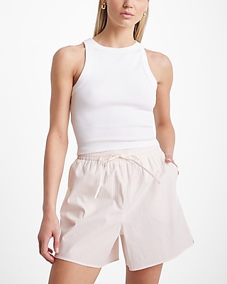 High Waisted Poplin Striped Pull On Midi Shorts