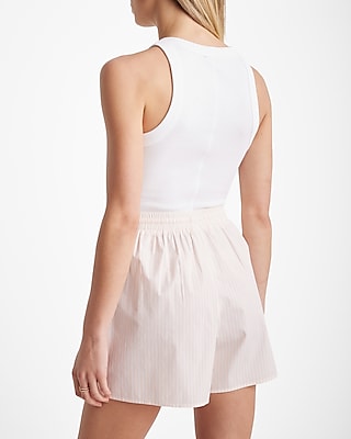 High Waisted Poplin Striped Pull On Midi Shorts