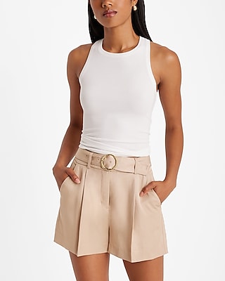 Closed striped high-waisted shorts - Neutrals