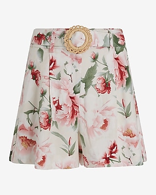 Stylist High Waisted Linen-Blend Floral Belted Shorts