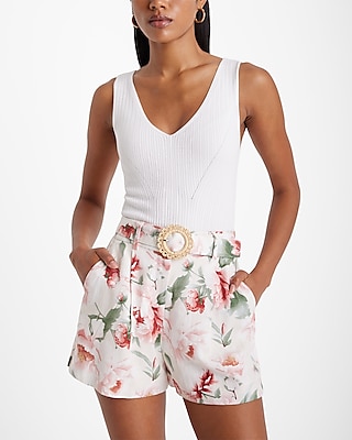 Stylist High Waisted Linen-Blend Floral Belted Shorts