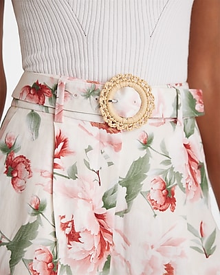 Stylist High Waisted Linen-Blend Floral Belted Shorts