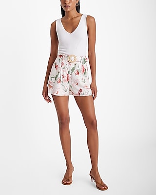 Stylist High Waisted Linen-Blend Floral Belted Shorts