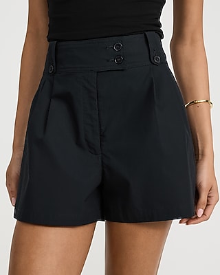 Cotton Poplin High Waisted Pleated Utility Shorts