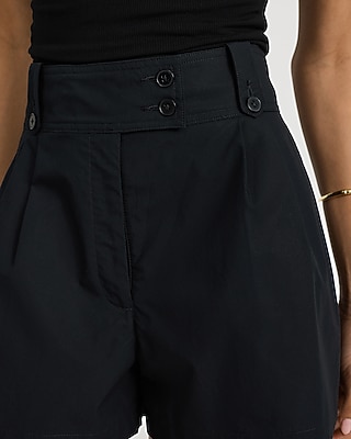 Cotton Poplin High Waisted Pleated Utility Shorts