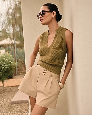 Cotton Poplin High Waisted Pleated Utility Shorts