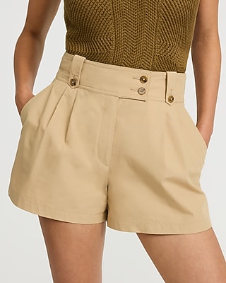 Cotton Poplin High Waisted Pleated Utility Shorts