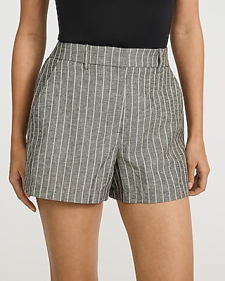 Cotton-Linen Striped High Waisted Tailored Shorts