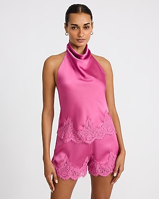 Lace Trim Satin Pull On Shorts | Express