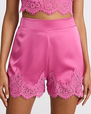 Lace Trim Satin Pull On Shorts