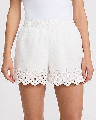 Cotton Eyelet Embroidered High Waisted Pull On Shorts