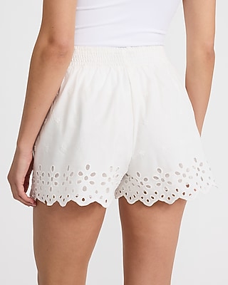 Cotton Eyelet Embroidered High Waisted Pull On Shorts