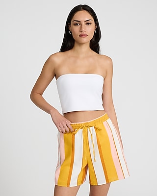 High Waisted Striped Linen-blend Pull On Shorts