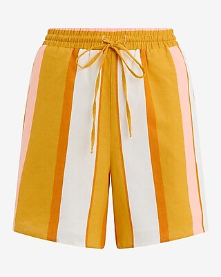 High Waisted Striped Linen-Blend Pull On Shorts