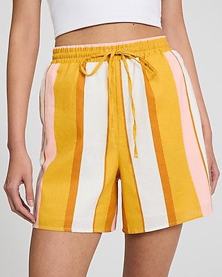 High Waisted Striped Linen-Blend Pull On Shorts