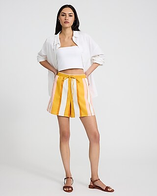 High Waisted Striped Linen-Blend Pull On Shorts