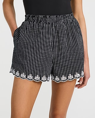 Linen-Blend Striped Eyelet Scalloped Pull On Shorts