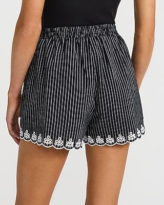 Linen-Blend Striped Eyelet Scalloped Pull On Shorts