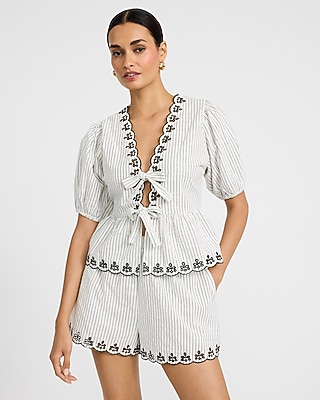 Linen-Blend Striped Eyelet Scalloped Pull On Shorts