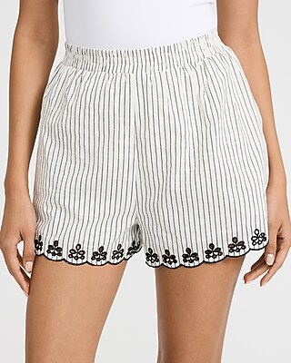 Linen-Blend Striped Eyelet Scalloped Pull On Shorts