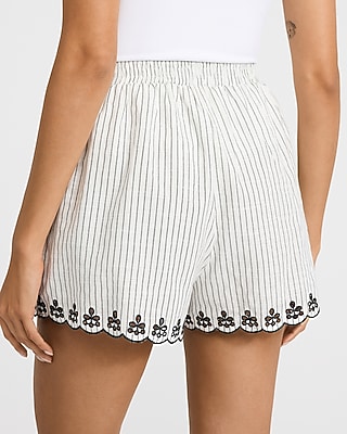 Linen-Blend Striped Eyelet Scalloped Pull On Shorts