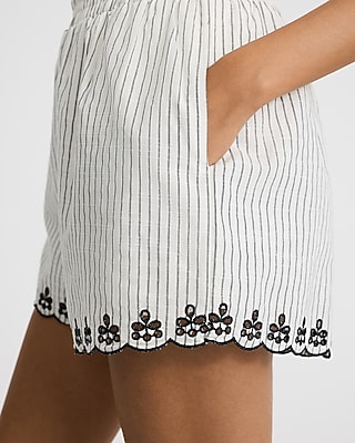 Linen-Blend Striped Eyelet Scalloped Pull On Shorts