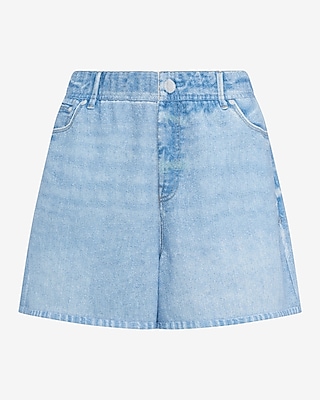 Denim High Waisted Light Wash Pull On Knit Shorts