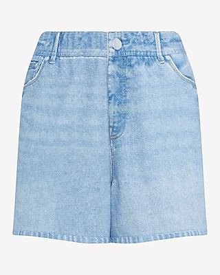 Denim High Waisted Light Wash Pull On Knit Shorts