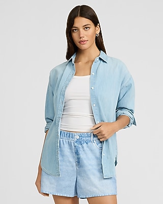 Denim High Waisted Light Wash Pull On Knit Shorts