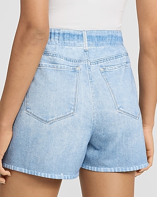 Denim High Waisted Light Wash Pull On Knit Shorts