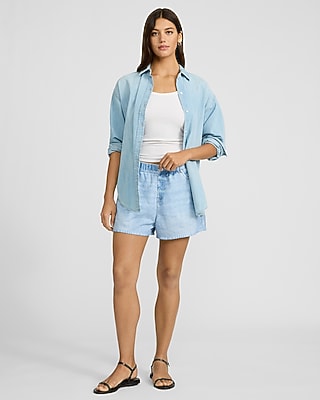 Denim High Waisted Light Wash Pull On Knit Shorts
