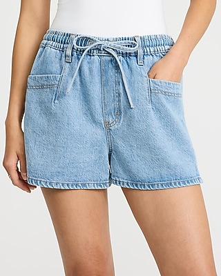 High Waisted Light Wash Pull On Jean Shorts