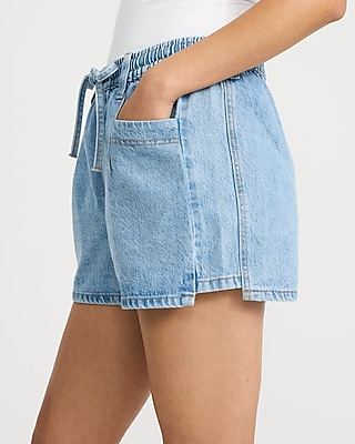 High Waisted Light Wash Pull On Jean Shorts