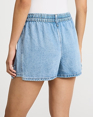 High Waisted Light Wash Pull On Jean Shorts