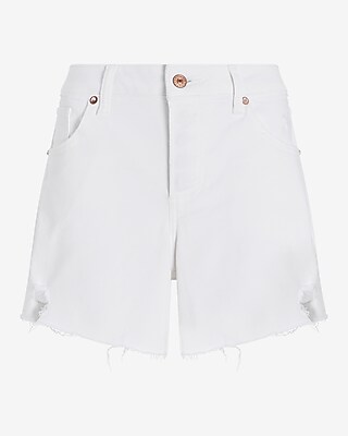 Mid Rise White Covered Button Fly Ripped Boyfriend Jean Shorts