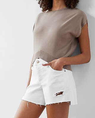 Mid Rise White Covered Button Fly Ripped Boyfriend Jean Shorts
