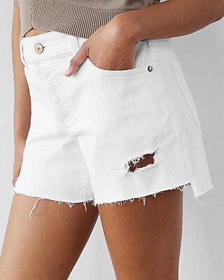 Mid Rise White Covered Button Fly Ripped Boyfriend Jean Shorts