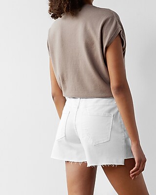 Mid Rise White Covered Button Fly Ripped Boyfriend Jean Shorts
