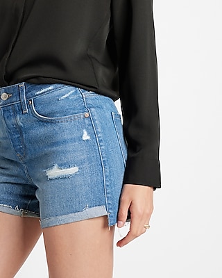 Mid Rise Covered Button Fly Boyfriend Jean Shorts