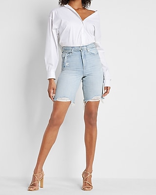 Super High Waisted 90s Bermuda Raw Hem Jean Shorts