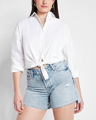 Curvy Mid Rise Covered Button Fly Boyfriend Jean Shorts