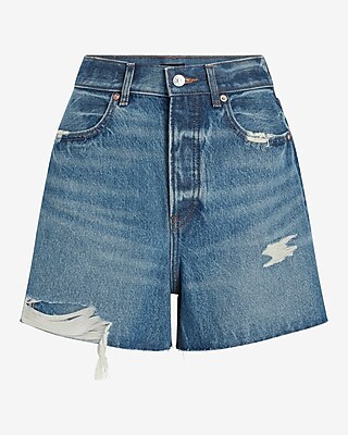 Super High Waisted Medium Wash Mom Jean Shorts