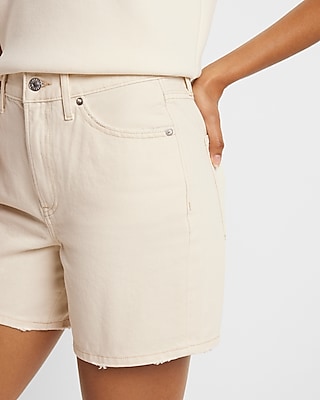 High Waisted Cream Midi Jean Shorts