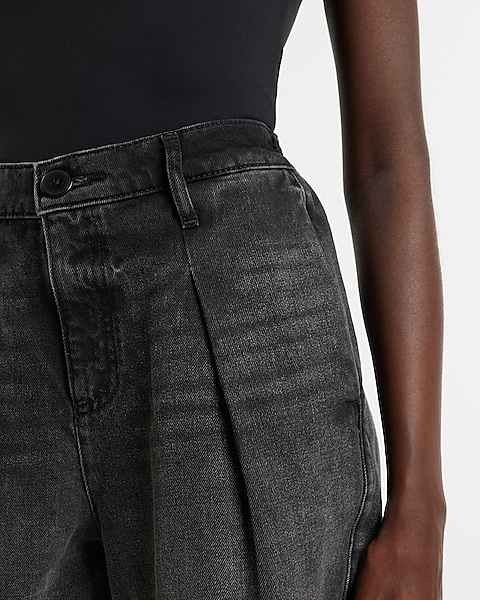 Super High Waisted Black Tailored Jean Shorts | Express