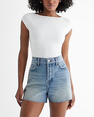 Super High Waisted Medium Wash Raw Hem Jean Shorts