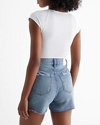 Super High Waisted Medium Wash Raw Hem Jean Shorts